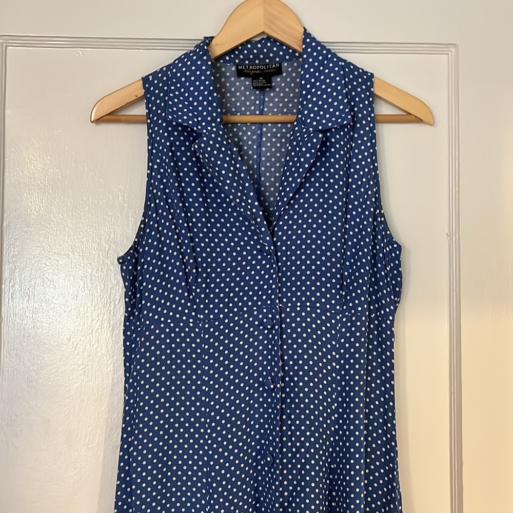 Vintage blue polka dot midi dress with collar